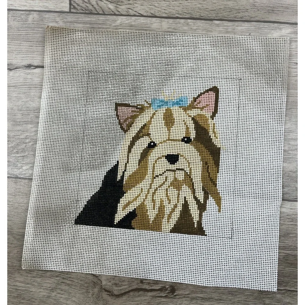 Cat's Cradle Handpainted Needlepoint Canvas Yorkie Dog‎ With Bow Terrier 13ct